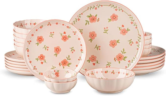 24 Pieces Gourmet Porcelain Dinnerware Sets, Premium Plates and Bowls Set, High-Fired Ceramic Dishes Set for 6, Microwave Dishwasher Safe, Pink Peach Blossom Pattern.