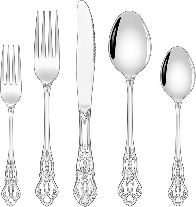 Silverware Set, Ollex 40-piece Retro Silverware Set for 8 with Stainless Steel Fork Spoons Knives Vintage Flatware Set for Dairy Kitchen Party Utensils Set Tableware Cutlery Set, Dishwasher Safe
