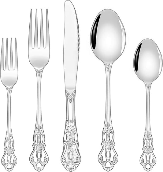 Silverware Set, Ollex 40-piece Retro Silverware Set for 8 with Stainless Steel Fork Spoons Knives Vintage Flatware Set for Dairy Kitchen Party Utensils Set Tableware Cutlery Set, Dishwasher Safe