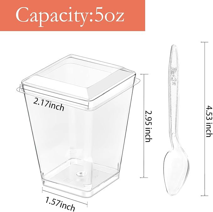 25Pack 5oz Plastic Dessert Cups with Lids and Spoons, Reusable Clear Parfait Appetizer Cups, Square Party Shooter Serving Cup, Mini Dessert Shot Glasses for Tasting