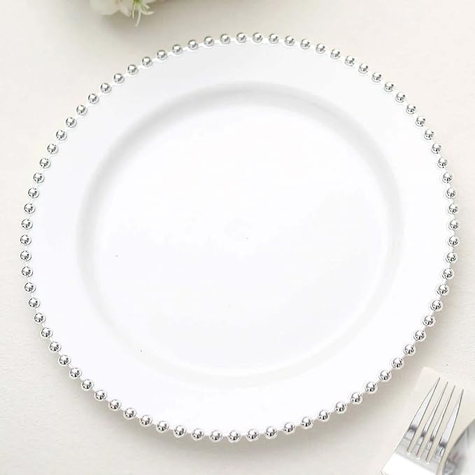 10" Dinner Plates - Set of 20 - Plastic White/Silver Round Disposable Plate Beaded Rim, Ideal for Decoration Party Wedding Bulk Events