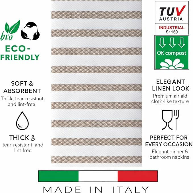 Made in Italy Linen-Feel Disposable Guest Towels - Premium Airlaid Cloth-Like Bathroom Napkins, Soft & Absorbent Luxury Hand Towels, Elegant Striped Dinner Napkins for Parties