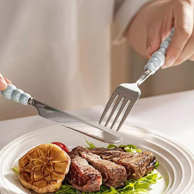 4Pcs Pearl Flatware Set, Creative Stainless Steel Flatware Pearl Ceramic Handle Silverware Tableware for Kitchen Hotel Home Steak Knife Dessert Spoon Dishwasher