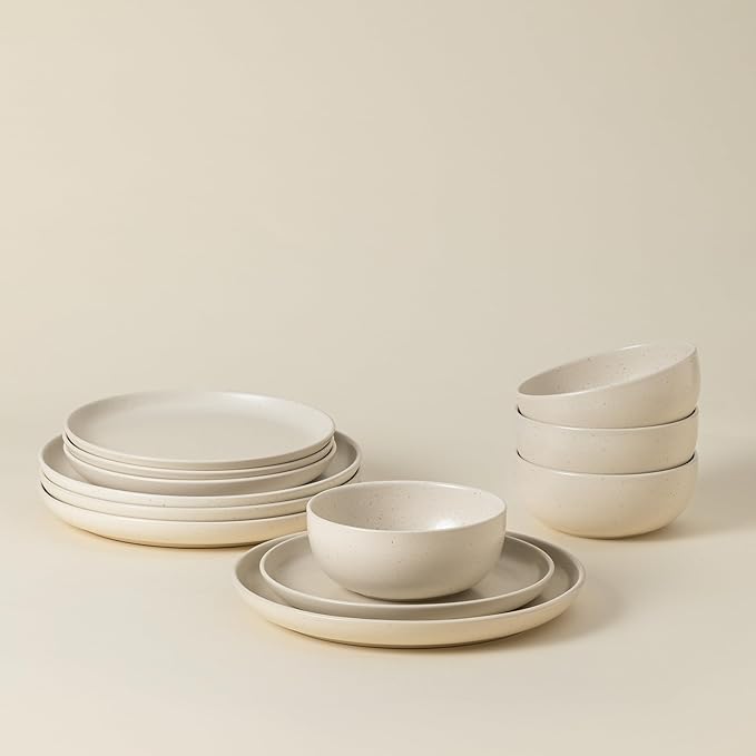Casafina Ceramic Stoneware 12-Piece Place Setting Service for 4, Pacifica Collection, Vanilla | Microwave & Dishwasher Safe Dinnerware Set | Food Safe Glazing | Restaurant Quality Tableware