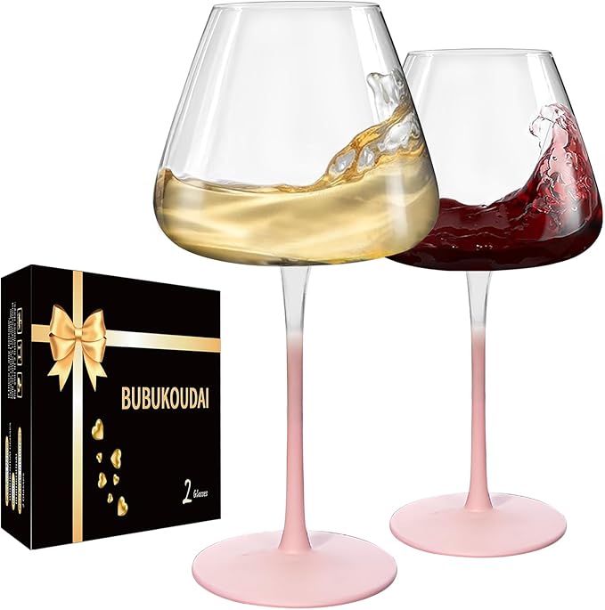 Crystal Wine Glasses Set of 2 with Gift Box. Dishwasher Safe. 24oz Large Pink Wine Glasses with Long Stem for Women.Hand-Blown,Thin Rim. Gift for Wife,Girlfriend,Mom.Unique & Modern Design