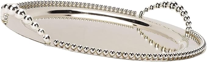 Round Metal Serving Tray with Handles 31.5cm, Silver Stackable Platter for Fruits Desserts Snacks, Indoor Outdoor Use for Kitchen Living Room BBQ Party Decor