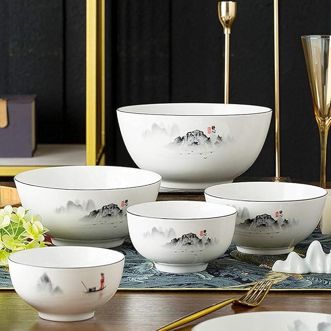 Chinese Dinnerware Set for 4/6/12, Black and White Plates and Bowls, Porcelain, 18 Pieces