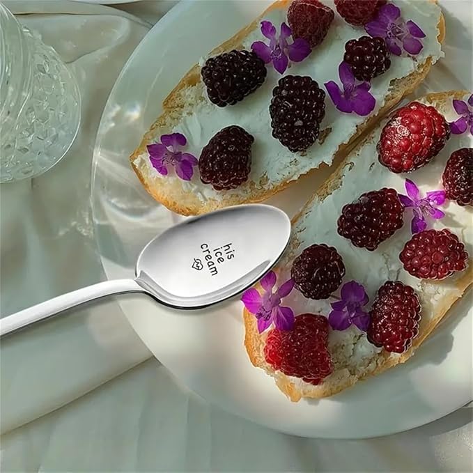 Engraved Ice Cream Spoon Gifts for Couple on Anniversary, 2 Pcs Personalized Coffee Spoon Stainless Steel, Couple Gifts for Him and Her on Valentines Day (scoop, his/her ice cream)