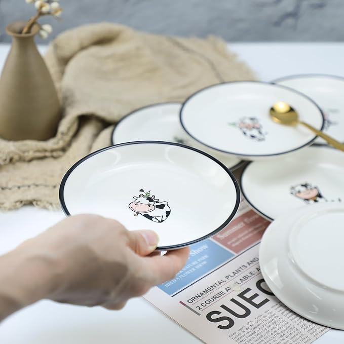Funny Cartoon Cow Bird Pattern Ceramic Sauce Dishes, Seasoning Dishes, Sushi Soy Dipping Bowls, Appetizer Plates, Dessert Plates, Little Cat Bird Feeding Bowls, Set of 6-Colorful-5 Inch