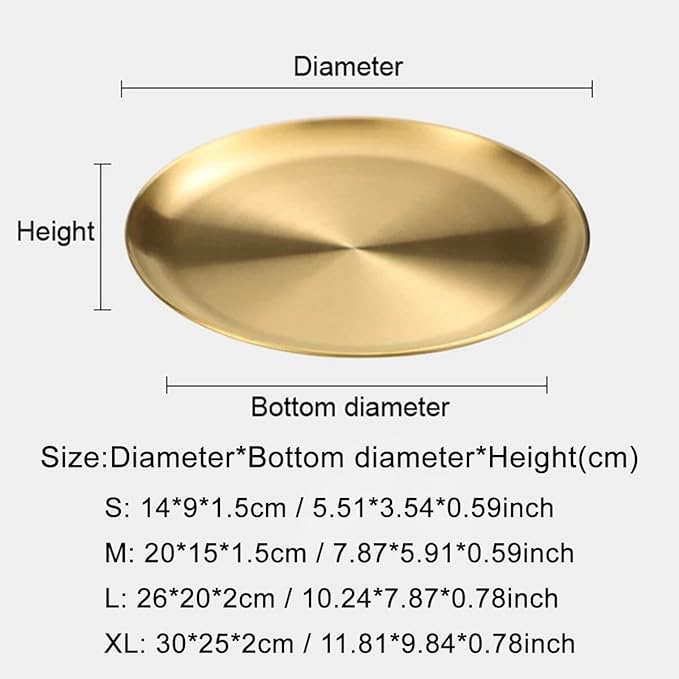 Stainless Round Serving Trays, Gold Decorative Storage Tray for Restaurant, Kitchen, Food, Coffee Table, 10.23×7.87×0.78in
