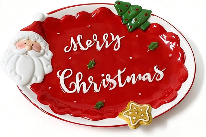 Red Oval Xmas Snacks Appetizer Trays Sets, Christmasman Dessert Porcelain Serving Dishes, Snack Platter, Food Cereal Salad Bowl, Christmas Santa Claus High Relief Ceramic Plate - Red