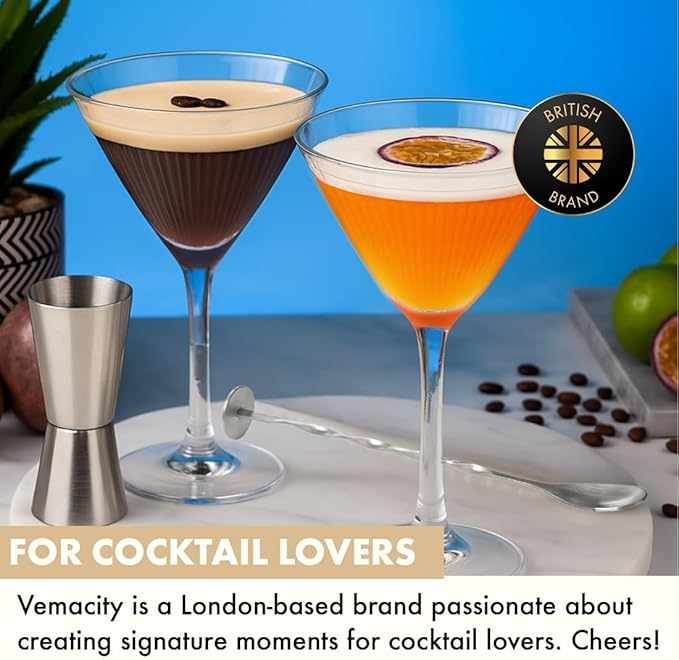 VEMACITY - Ribbed Martini Glasses Set of 4 | Silver Bar Tools - 8oz Cocktail Glasses | Espresso Martini, Margarita, Manhattan, Cosmopolitan - Art Deco Cocktail Gift Set | Ideal for Martinis