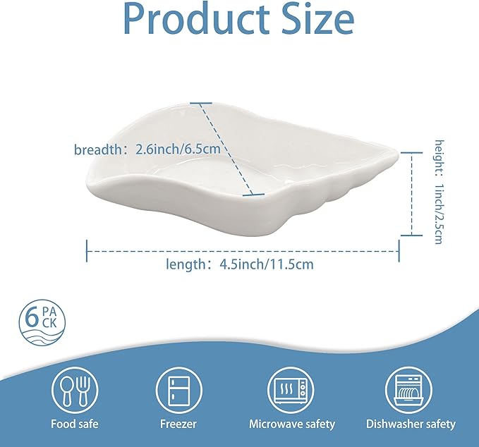 Set of 6 Conch Shaped Sauce Dishes,Porcelain Dipping Bowls,Appetizer Plate,Dishwasher Safety,for Ketchup Salad Wasabi Sushi Chips Meats Veggies
