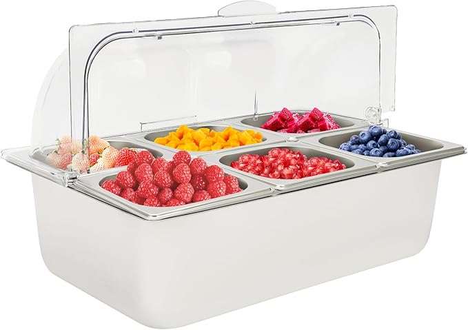 6-Pan Ice Food Serving Display Stainless Steel Buffet Cold Serving Cooler Platter Cooling Food Dishes Display Plate Case Tray with Clear Roll Top Cover for Seafood Fruit Party Buffet Tray