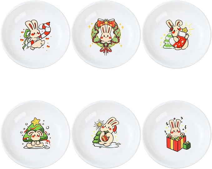 SOCOSY Cute Cartoon Christmas Rabbits Ceramic Sauce Dishes, Seasoning Dishes, Little Cat Dog Bird Feeding Bowls, Sushi Soy Dipping Bowls, Appetizer Plates, Dessert Plates-Rabbits-3.5 Inch, Set of 6