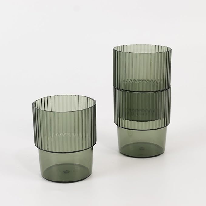 TCF Linen 12 Pack Hunter Green Plastic Tumblers, 7oz Stackable Ribbed Reusable Shatterproof Short Drinking Glasses, Elegant Origami Design for Weddings Parties Catering Cocktails