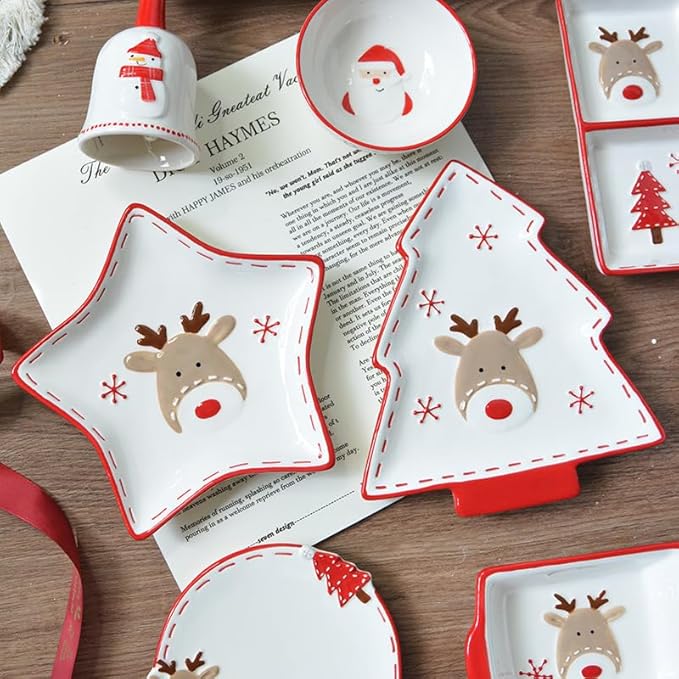 Christmas Ceramic Appetizer Plates for Tapas, Salad, Appetizer, Dishwasher Safe, Microwave Safe, Freezer Safe (Square plate 22.1 * 20.1 * 2.6cm)