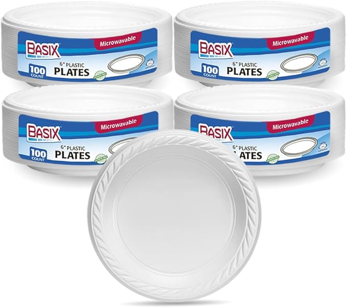 Basix [400 Count Disposable 6 inch White Plastic Appetizer Plates, Microwavable, Great For Events, Home, Office, Wedding, Parties, or Everyday Use, 4 Packs