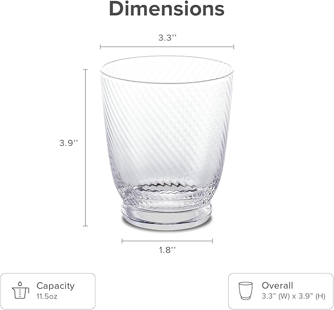 mopio Mellow Fluted Drinking Glasses Set of 4, 11.5 oz, Dishwasher Safe, Trendy Barware for Parties, Wedding & Home, Fun Aesthetic Drinkware Gift in Eco-Friendly Packaging, Soda-Lime Glass (Clear)