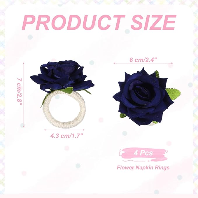uxcell 6Pcs Flower Napkin Rings, Handmade Rose Napkin Ring Holders Buckles Table Decorations for Christmas Thanksgiving Valentine Decor Wedding Parties, Banquet, Home, Navy Blue