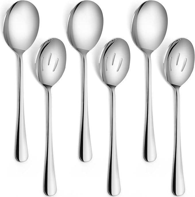 Serving Spoons Set, Includes 3 Spoon and 3 Slotted Spoon, Stainless Steel Serving Utensils for Banquet, Cooking and Kitchen Gdotmely Large Serving Spoons