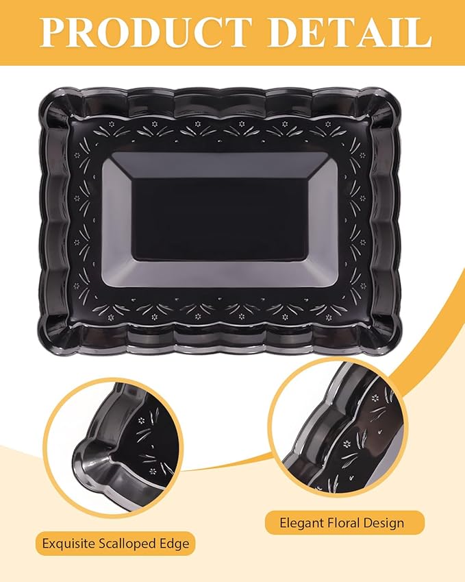 BESTVIP 12 Pack Black Plastic Serving Trays - 9x13 Rectangle Flower - Edged Cookie Platters for Halloween, Events, Weddings, Daily Meals, Parties, Snacking, Crafting & Pet Feeding