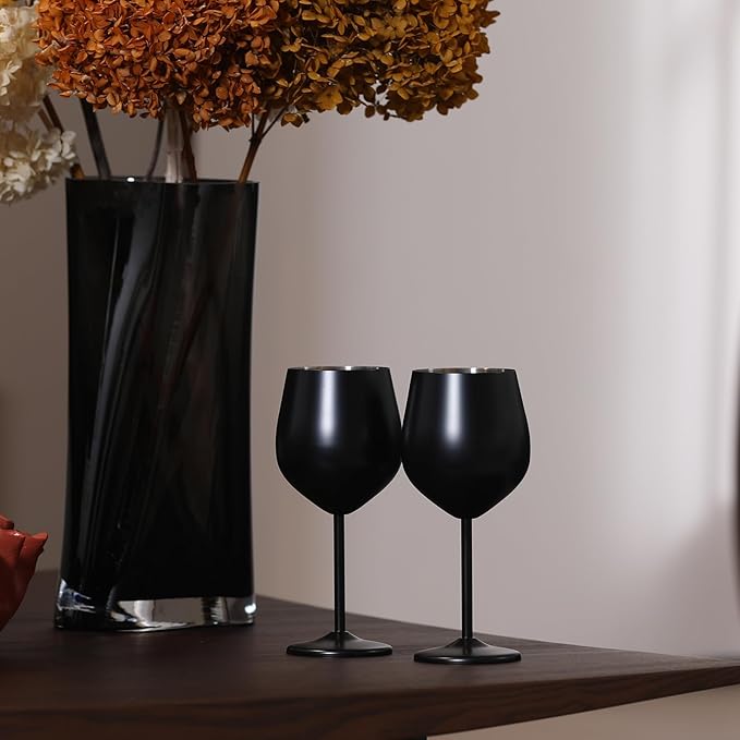 Black Wine Glasses Set of 4, 18oz Stainless Steel Unbreakable Goblets - Outdoor Metal Cups for Camping, Hiking Adventures