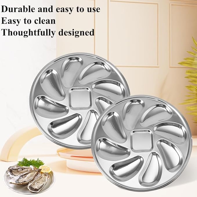 6 Packs Stainless Steel Oyster Plate with 6 Forks and Oyster Knife, 9.09in Round Oyster Serving Tray with 8 Compartments, Food Grade Metal Platter for Seafood, Mussels, Clams