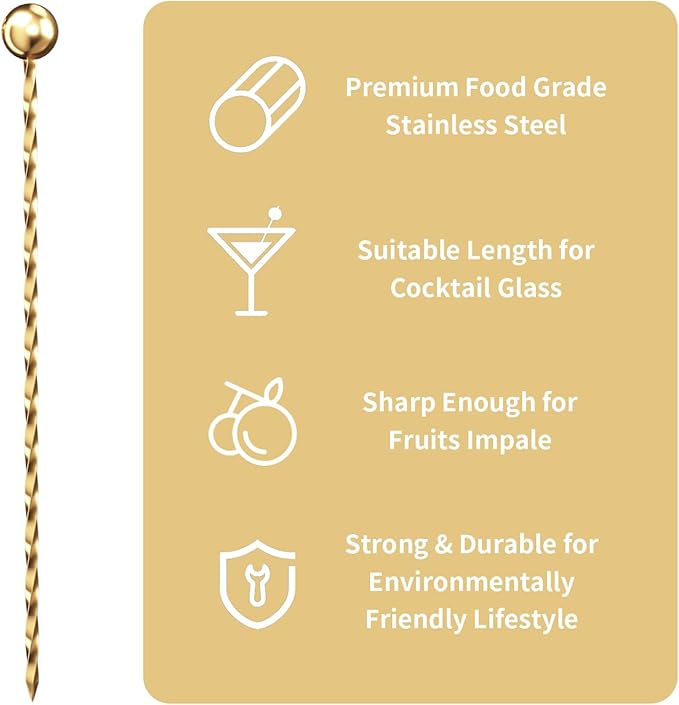 Metal Cocktail Picks 12Pack+Holder Kit, 304 Stainless Steel Toothpicks, Reusable Cocktail Skewers, Garnish Picks Bloody Mary Skewers, Martini Picks for Olives Appetizers Fruit (Thread Gold)