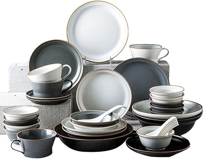 Chinese Bone China Tableware Set, 46 Pieces for 10 People, Ceramic Plates and Dishes, Microwave Oven-Compatible Tableware, Hand-Painted Matte Glazed Bone China