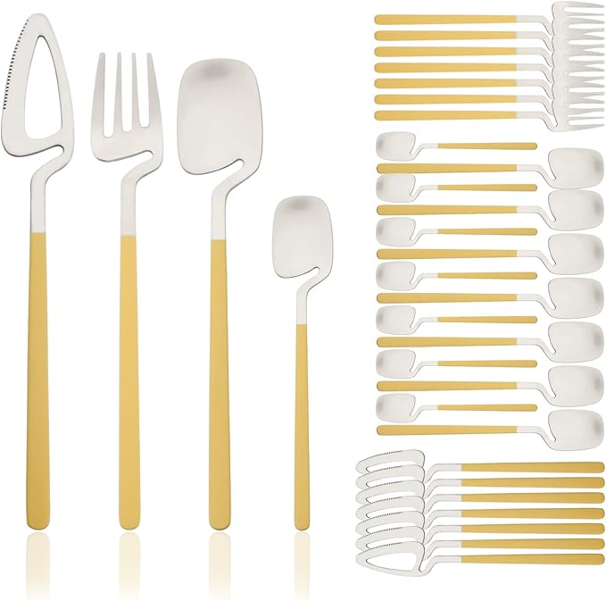 Brushed Flatware Set for 8, Uniturcky 32-Piece Matte Silverware Set with Colored Handles, 18/10 Stainless Steel Dinnerware Tableware Set, Eating Utensils for Party/Wedding/Home, Yellow Handle