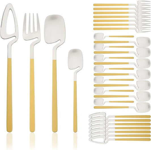 Brushed Flatware Set for 8, Uniturcky 32-Piece Matte Silverware Set with Colored Handles, 18/10 Stainless Steel Dinnerware Tableware Set, Eating Utensils for Party/Wedding/Home, Yellow Handle