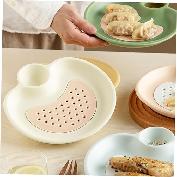 Dipping Plate Drain Tray Dumpling Serving Plate Ceramic Snack Dish Unique Design Dishwasher Safe