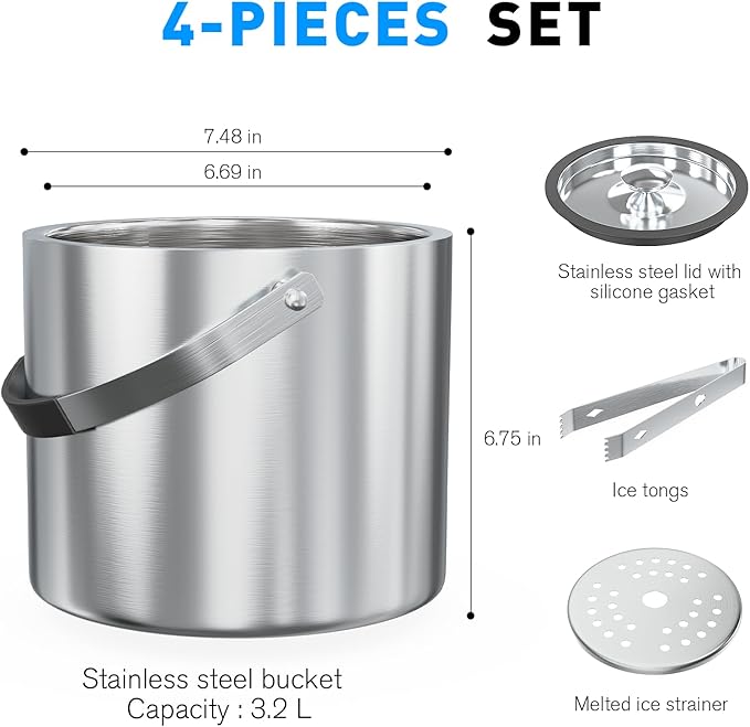 3.2L Insulated Ice Bucket for Parties & Cocktail Bar，Double Wall Stainless Steel Wine Bucket with Lid & Tongs,Ideal for Chilling Wine, Champagne