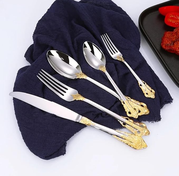 Royal 30-Piece Flatware Set, 304 Stainless Steel Silverware with Gold Accents, Service for 6, Mirror Polished, Dishwasher Safe