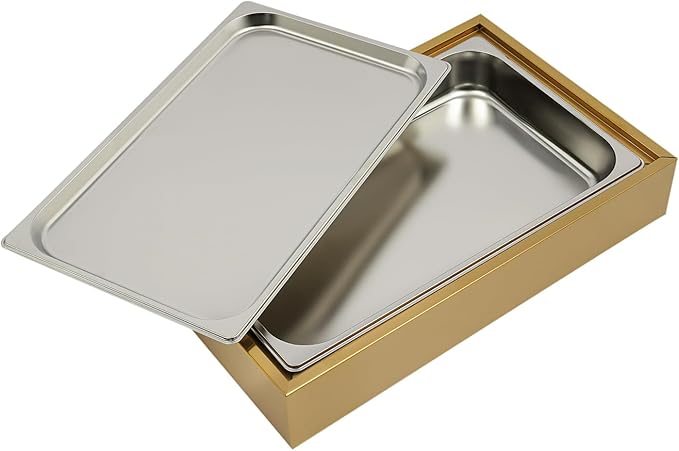 Single Compartment Ice Food Display Tray, 1.59Gal Stainless Steel Buffet Cooler Platter with Clear Lid & Reusable Gel Ice Box, for Outdoor Party Restaurant - Gold (Gold-1)