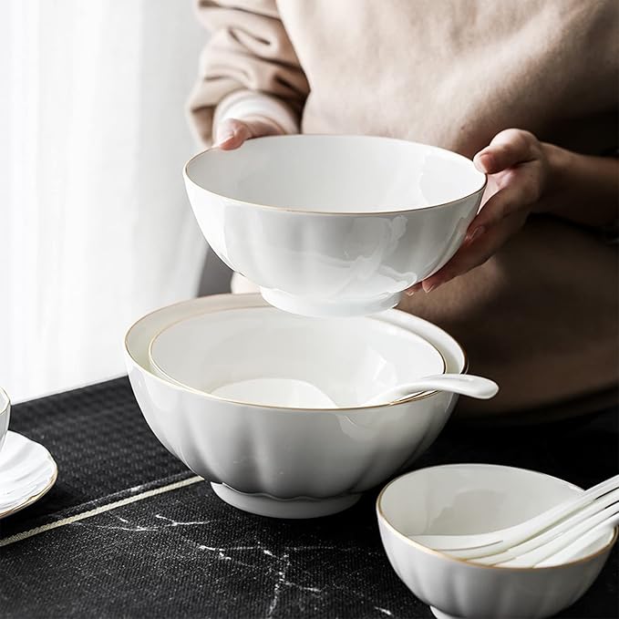 Ceramic Dinnerware Set Collection - Phnom Penh Ceramics Bowls and Plates Sets, 16 Piece Dish Set Includes Dinner Plate, Salad Plate, Soup Bowl, and Mug, Tableware Combination Set, White