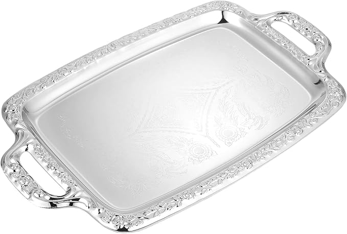 Large Silver Serving Tray for Party,Floral Engraved Serving Platters with Handles,Vintage Stainless Steel Tea Trays for Party,Rectangular Decorative Mirror Plates for Appetizer,Charcuterie,Wedding