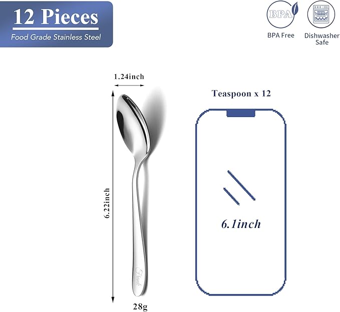 Personalized Teaspoons Set, 12-piece Custom Text Engraved Spoons Silverware,18/0 Stainless Steel Dessert Spoons, Durable Small Spoon, 6.22 Inch Tea Spoon, Dishwasher Safe