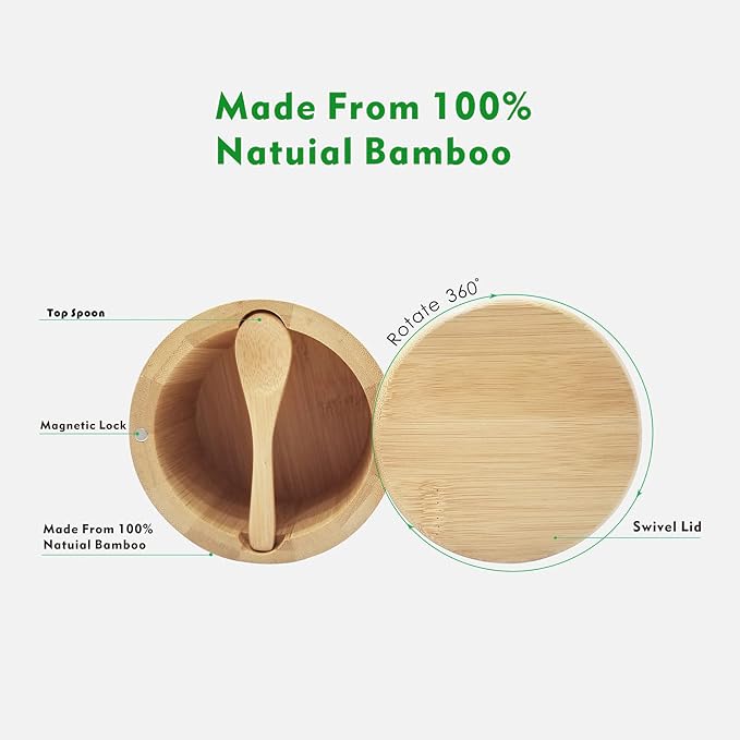 Salt Box Bamboo Salt Container with Swivel Lid and Spoon Small Spice Cellar with Label 8 oz Capacity salt Holder for Countertop with Magnetic to Easy Open and Seal