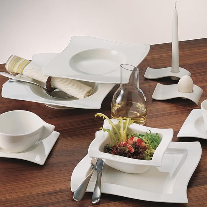 Villeroy & Boch New Wave 4-Piece Place Setting Dinner, Salad Plate, Bowl, and Mug – Premium Porcelain Dinnerware, White