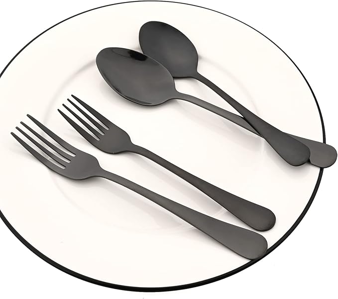 35-Piece Black Silverware Set For 6, Premium Stainless Steel Cutlery Serving Utensils, Modren & Classic Tableware For Home Kitchen Restaurant Party, Mirror Finish, Dishwasher Safe