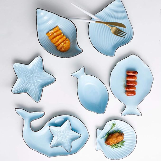 Porcelain plateOcean Style Ceramic Plate Tableware Whale Fish Dish Shell Starfish Trumpet-blue starfish small