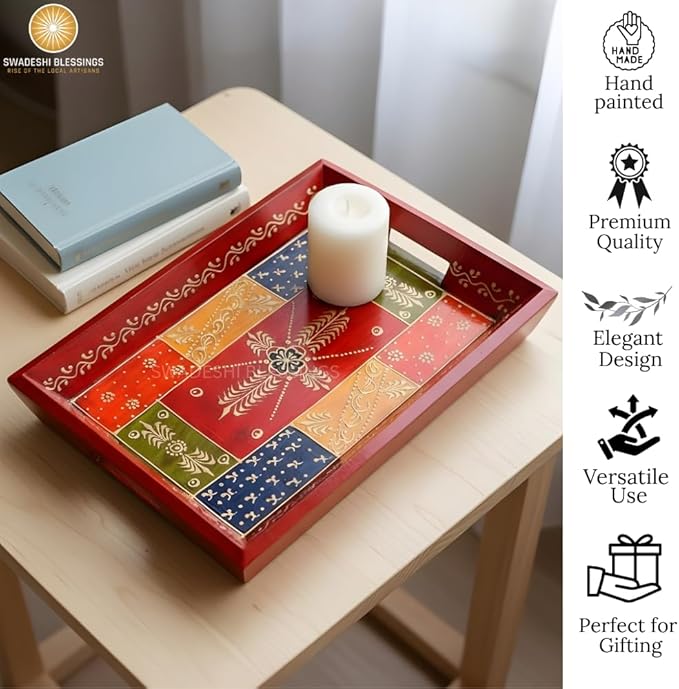 Swadeshi Blessings Handcrafted & Hand-Painted Embossed Wooden Serving Trays Set of 3- for Kitchen/Table & Home Decor/Dinning/Gifts/Restaurants/Living Room/Coffee Table (AntiqueRed)