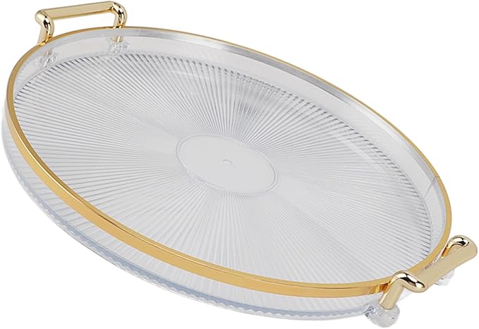 Dioche Elegant Round Serving Tray with Gold Handle and Golden - Multifunctional Display Tray for Fruits, Desserts, Snacks, and Decor (Transparent)