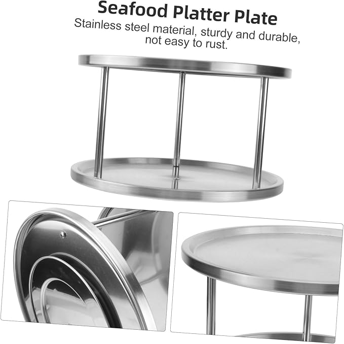 OUNONA Stainless Steel Seafood Snack Plate Double Serving Tray with Brackets Silver Texture for Home Kitchen Utensil Salad Fruit Cake Display