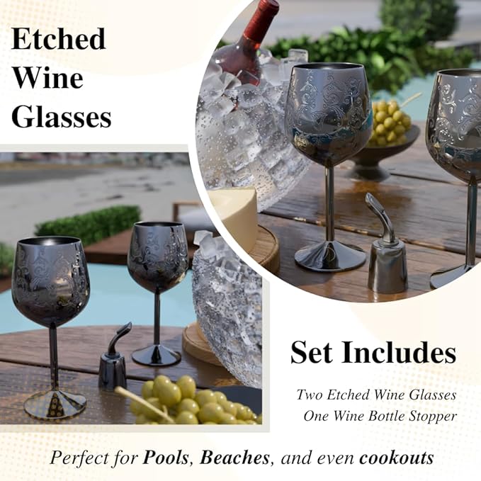 17oz Stainless Steel Wine Glasses [Set of 2] – Black Royal Goblets with Intricate Baroque Engravings, Unbreakable and Shatterproof Wine Cups with Bottle Stopper Ideal for Mother's Day Gift