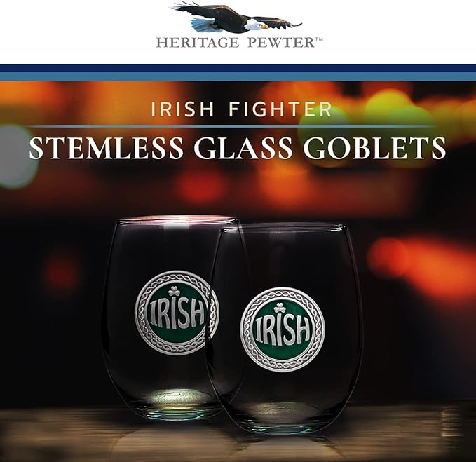 Heritage Pewter Irish Stemless Glass Goblets – Set of 2 | 15 OZ Goblet Wine Glasses | Expertly Crafted Pewter Glass