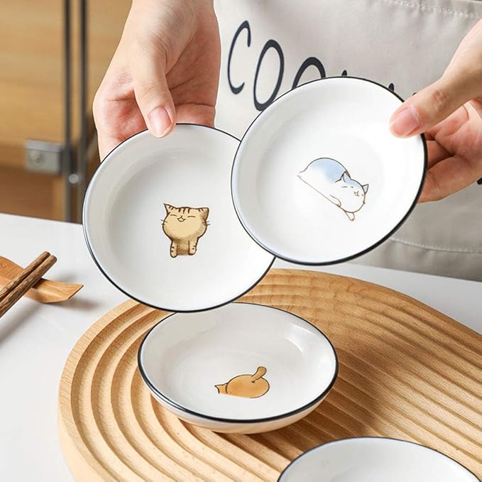 FUYU 6pcs Cute Cat Multipurpose Ceramic Sauce Dish Seasoning Dishes Sushi Dipping Bowl Appetizer Plates