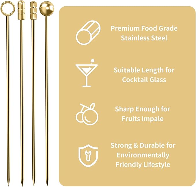 Metal Cocktail Picks 12Pack+Holder Kit, 304 Stainless Steel Toothpicks, Reusable Cocktail Skewers, Garnish Picks Bloody Mary Skewers, Martini Picks for Olives Appetizers Fruit (Mix Gold)